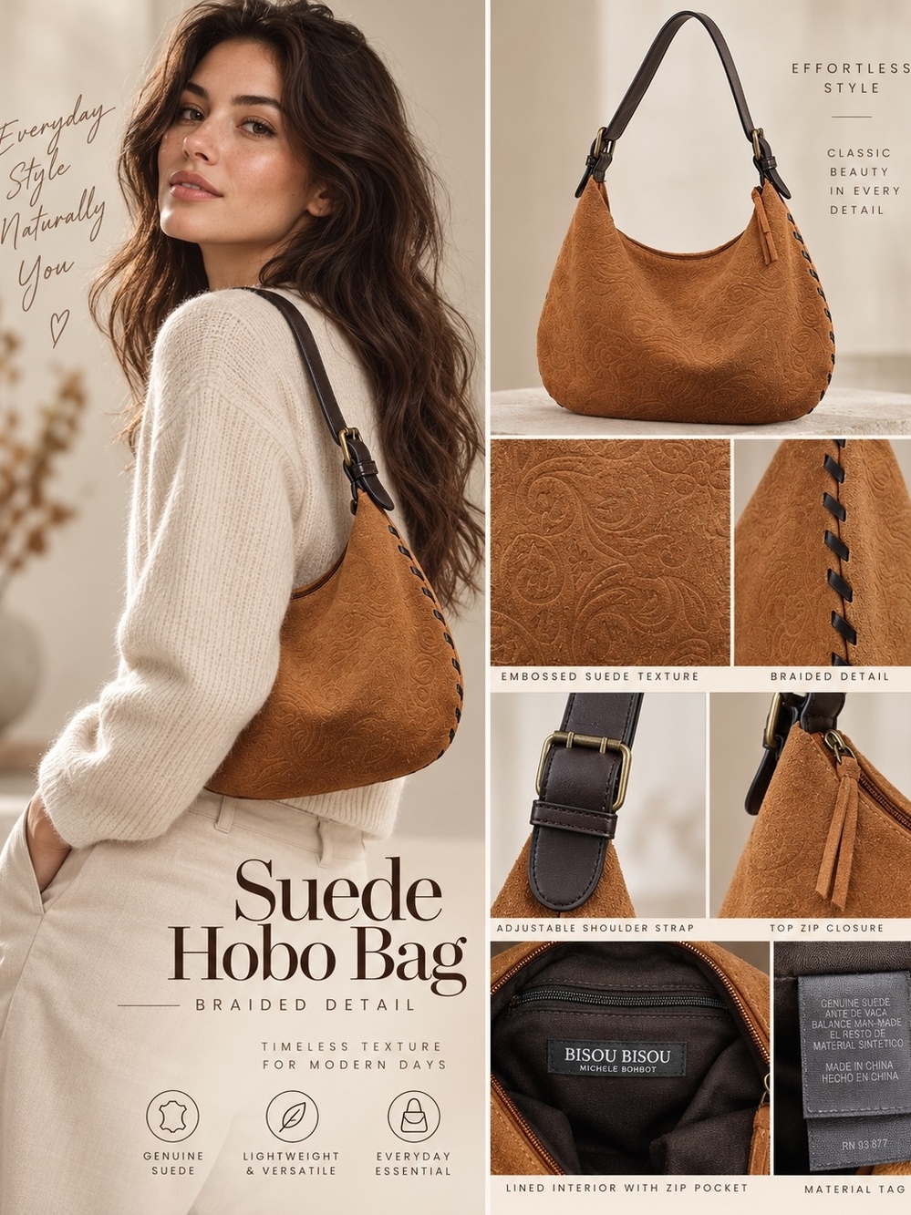 Bisou Bisou Embossed Suede Hobo Bag - Tan with Dark Brown Strap